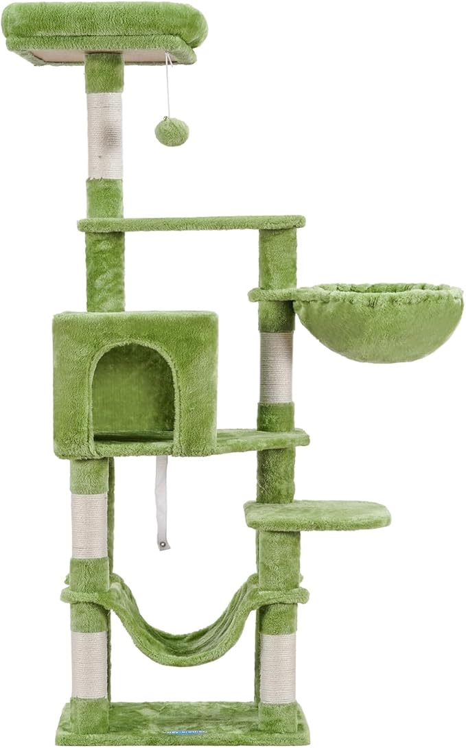 Hey-brother Cat Tree with Large Hammock, Multi-Level Cat Tower for Indoor Cats, Cat Condo with Sisal-Covered Scratching Posts and Top Perch, Green MPJ050GR