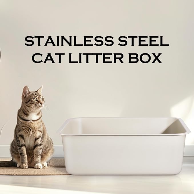 Stainless Steel Cat Litter Box - Metal High Sided Cat Pan, Large Khaki Gray Stainless Steel Box, Indoor Litter Tray, Non Stick, No Smell, Easy to Clean, Pet Toilet Supplies for Kitten, Kitty, Rabbit