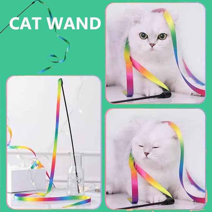 LASOCUHOO Interactive Cat Rainbow Wand Toys, Interactive Cat Teaser Wand String, Colorful Ribbon Charmer for Most Cats and Kittens - 2 PCS