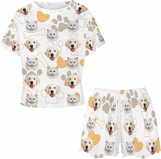 Custom Short Pajamas Set with Face Photo Women‘s Sleepwear Tee Personalized PJ Short Loungewear Set fot Her