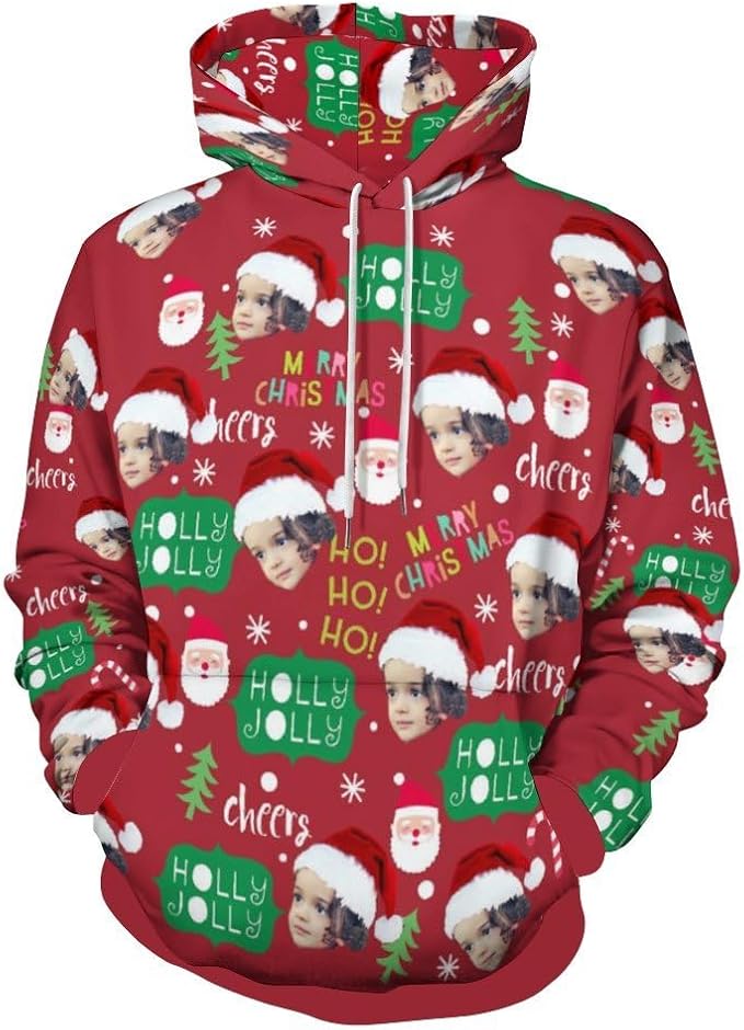 Artsadd Custom Face Unisex athletic Pockets Sweatshirt Loose Hoodie Custom Christmas Long Sleeve Sweatshirt Hooded Pullover