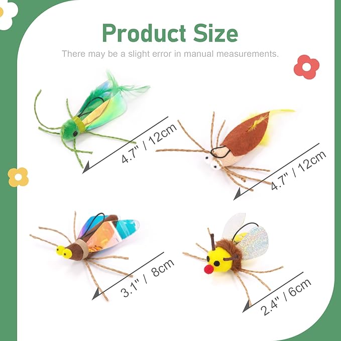 SONGWAY Cat Toy Wand Refill Bugs - 4 Pieces Cat Bug Toys Replacement, Teaser Wand Toy Attachments, Interactive Insect Feather Toys for Cats Kittens
