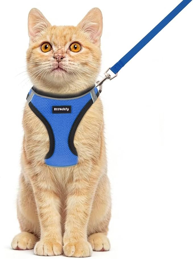 Rttochfy Cat Harness and Leash Set, Escape Proof Kitten Harness, Soft and Breathable Vest with Reflective Strip, Easy to Wear for Cats Walking and Traveling (BK Blue, XXS)