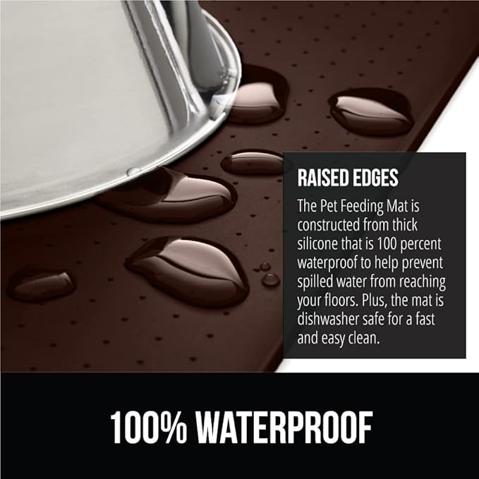 GORILLA GRIP 100% Waterproof Raised Edge BPA Free Silicone Pet Feeding Mat, Dog Cat Food Mats Contain Spills Protects Floors, Placemats for Cats and Dogs Water Bowl, Pets Accessories 18.5x11.5 Brown