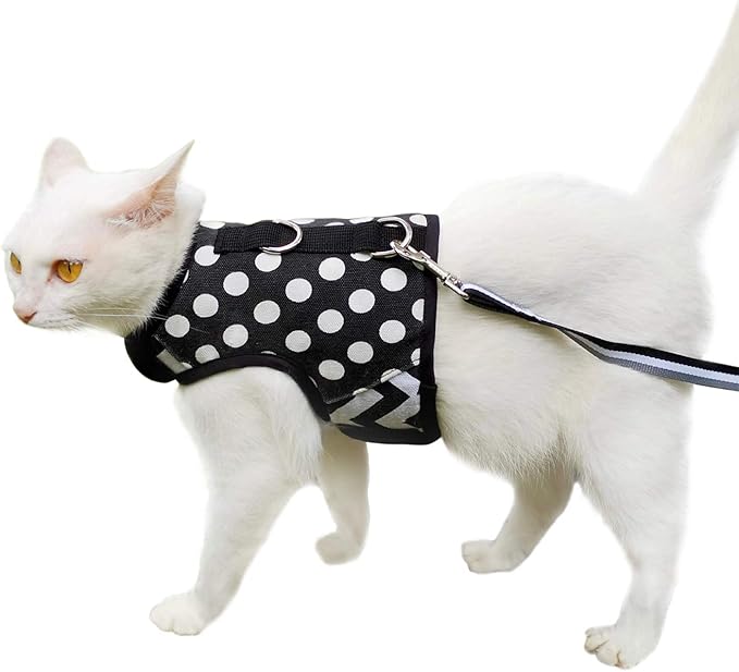 Cat Harness and Leash for Walking Escape Proof, Adjustable Cat Vest Harness, Padded Stylish Cat Walking Jackets, Polka Dot Black, Large