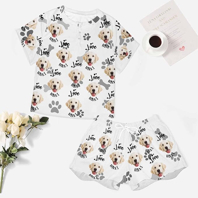 Custom Short Pajamas Set with Face Photo Women‘s Sleepwear Tee Personalized PJ Short Loungewear Set fot Her