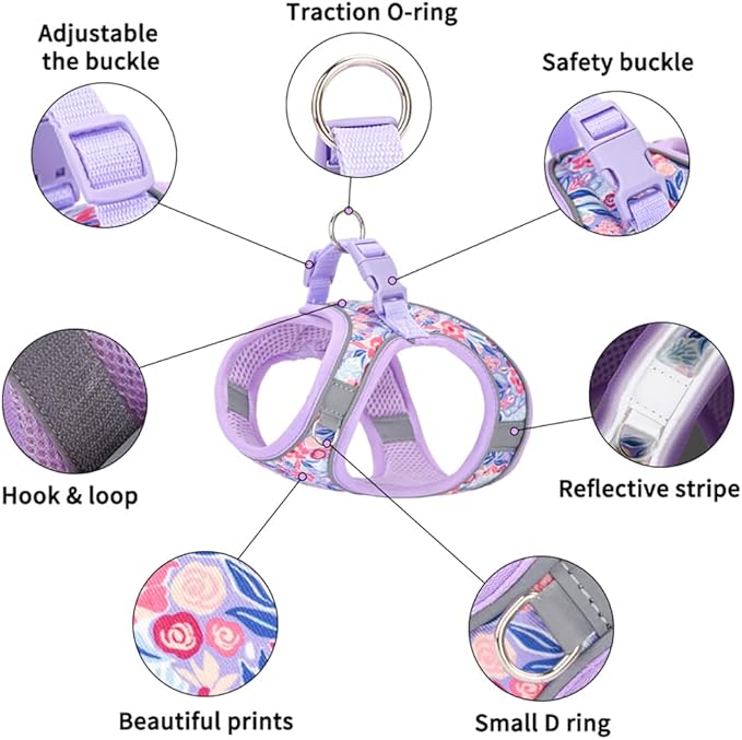 Step in Dog Harness and Leash Set, Flower Adjustable Easy Walk Puppy Harnesses, Soft Mesh Pet Vest Harness Small Size Dog Adjustable No Pull Dog Harness for Small Dogs and Cats(Light Purple, XXS)