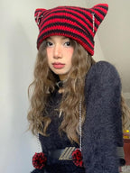 Y2k Beanies Crochet Knitted Cat Hats Goth Cross Devil Hat Striped Alt Emo Accessories Grunge Y2k Aesthetic Clothes