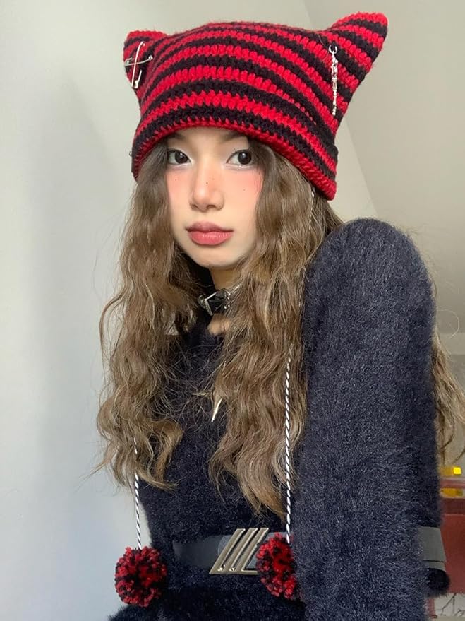 Y2k Beanies Crochet Knitted Cat Hats Goth Cross Devil Hat Striped Alt Emo Accessories Grunge Y2k Aesthetic Clothes
