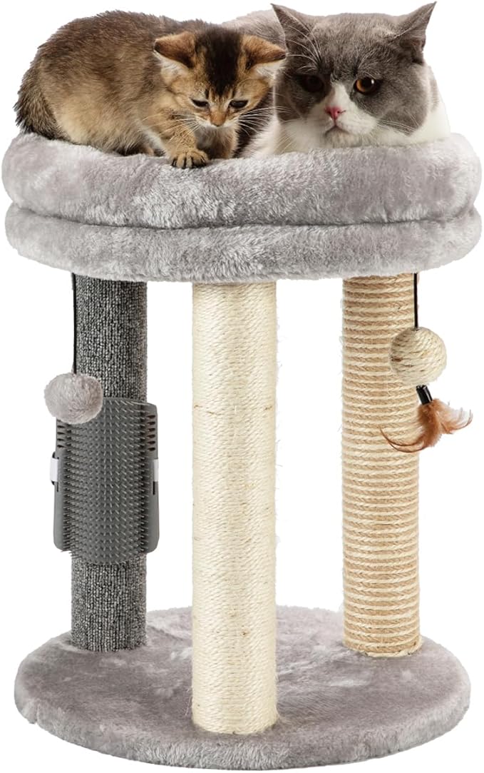 MECOOL 4in1 Small Cat Tree,Scratching Post with Tower Soft Bed, Sisal Carpet Jute Posts with Three Hanging Ball Toys and Massage Brush for Indoor Cats and Kittens