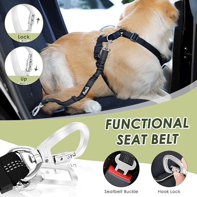 SlowTon Dog Seat Belt Harness for Car, Dog Car Harness Adjustable Mesh Breathable & Dog Seatbelt Safety Tether with Elastic Bungee for Small Medium Large Pets(Blue, Double Clip, S)