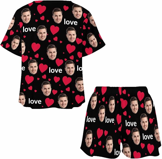 D-Story Custom Short Pajama Set with Pet Face Personalized Photo Sleepwear 2 Pieces Pjs Nightwear Xmas Gift for Women