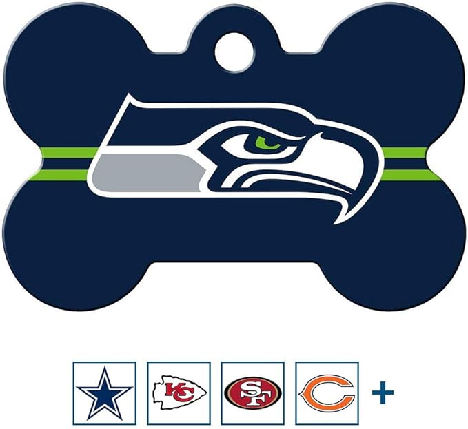 GoTags Personalized Seattle Seahawks Dog Tag, Brass Metal Bone Shape Pet ID Tag Engraved with Name and Custom Text, Every NFL Football Team Pet Apparel (Large)
