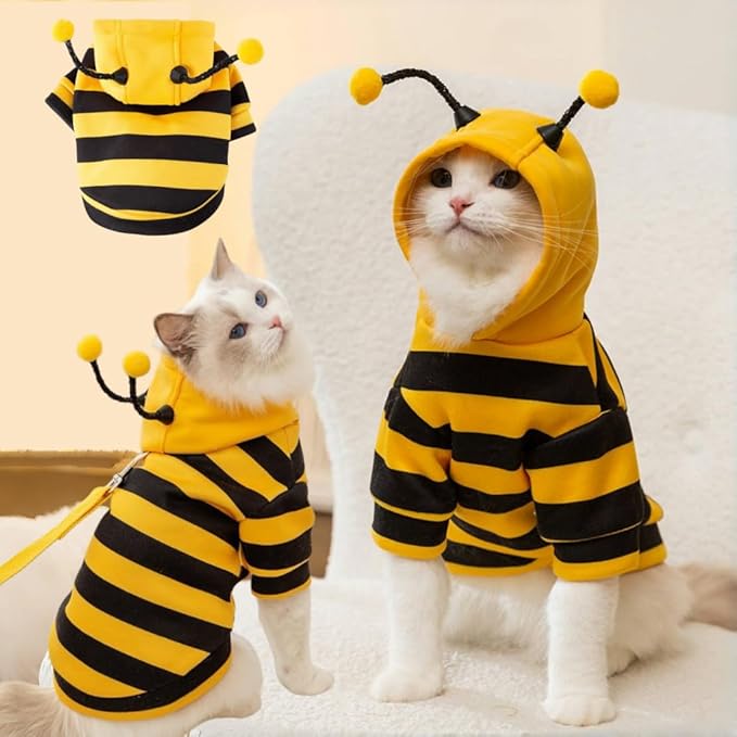 Selena Cat Bee Antennae Costume Hoodies Cute Bee Stripes Dog Kitten Puppy Pet Apparel (Small,Yellow&Black)