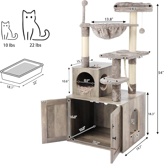 Cat Tree with Litter Box Enclosure, 2-in-1 Cat Tower for Indoor Cats, Large Wood Cat Condo with Basket, Scratching Posts, Pompoms, Grey