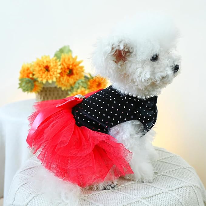 Black Polka Dot Dog Dress with D-Ring, Puppy Wedding Attire for Small Dog Girl,Cat Birthday Outfit, Red Tutu Party Dress for Kitten Chihuahua Yorkie Pomeranian (Black, Small)