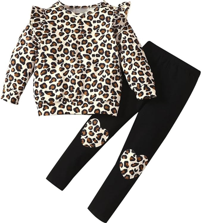 Little Girls Unicorn Outfits 2 Piece Kids Ruffle Sleeve Sweatshirt + Leggings Fall Leopard Clothing Sets 2-10 Years Old
