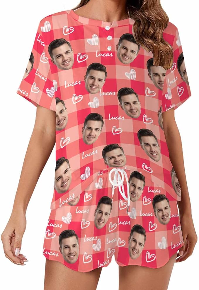 D-Story Custom Short Pajama Set with Pet Face Personalized Photo Sleepwear 2 Pieces Pjs Nightwear Xmas Gift for Women