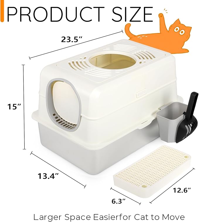 Cat Litter Box with Lid,Extra Large Enclosed Removable Cat Litter Boxes ，Stainless Covered，Top Entry Metal Kitty Litter Box with Cover.High Sided Enclosure with Scoop-White