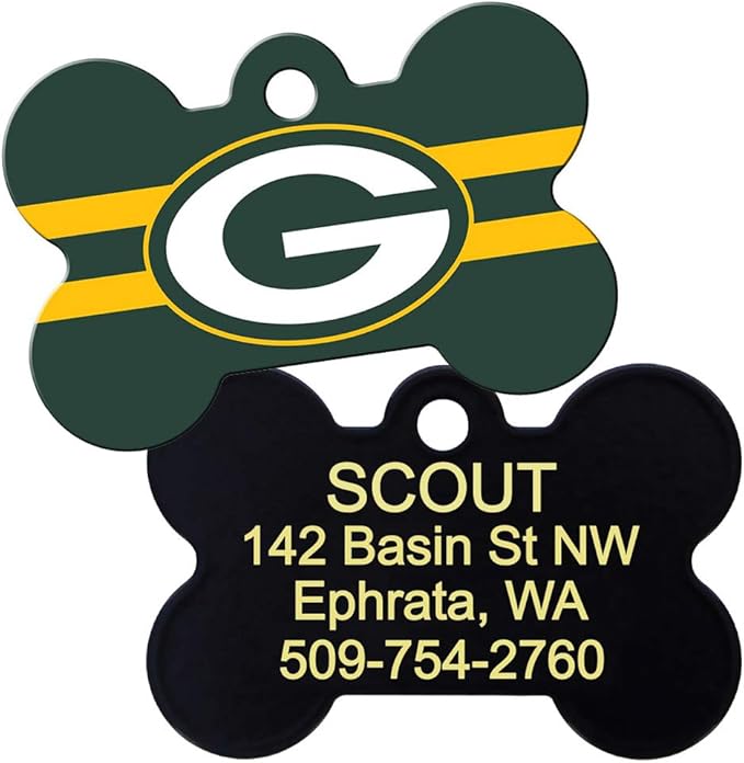 GoTags Personalized Green Bay Packers Dog Tag, Brass Metal Bone Shape Pet ID Tag Engraved with Name and Custom Text, Every NFL Football Team Pet Apparel (Large)