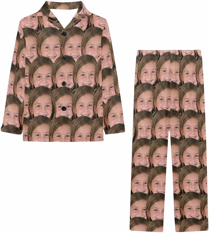 Artsadd Girls Pajamas Set Custom Face Pet Photo Long Sleeve Sleepwear Personalized Printed V-Neck Button-up Pants Nightwear