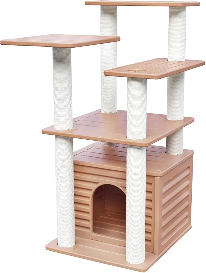 46” Indoor and Outdoor Cat Tree Tower, Cat House for Outdoor Cats, Weatherproof Cat Condo with Scratching Posts