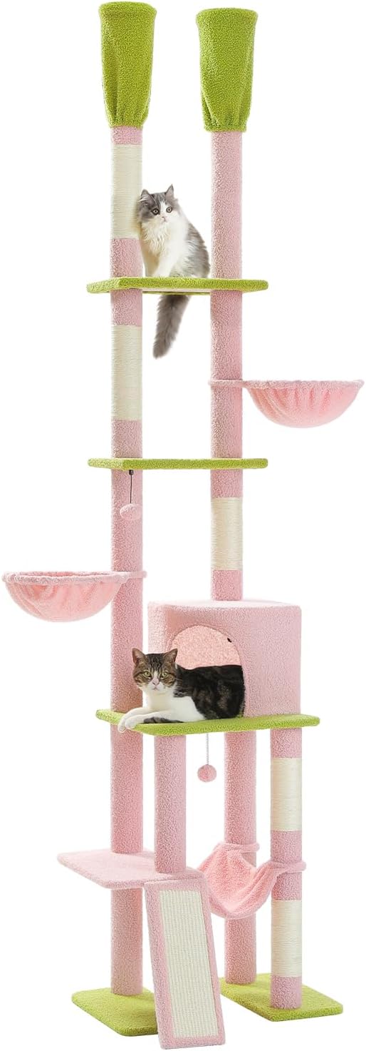 PAWZ Road Pink Cat Tree, Floor to Ceiling Cat Tower with Adjustable Height(85-112 Inches), 7 Tiers Climbing Activity Center with Cozy Hammocks, 5 Platforms and Scratching Posts for Indoor Cats-Pink