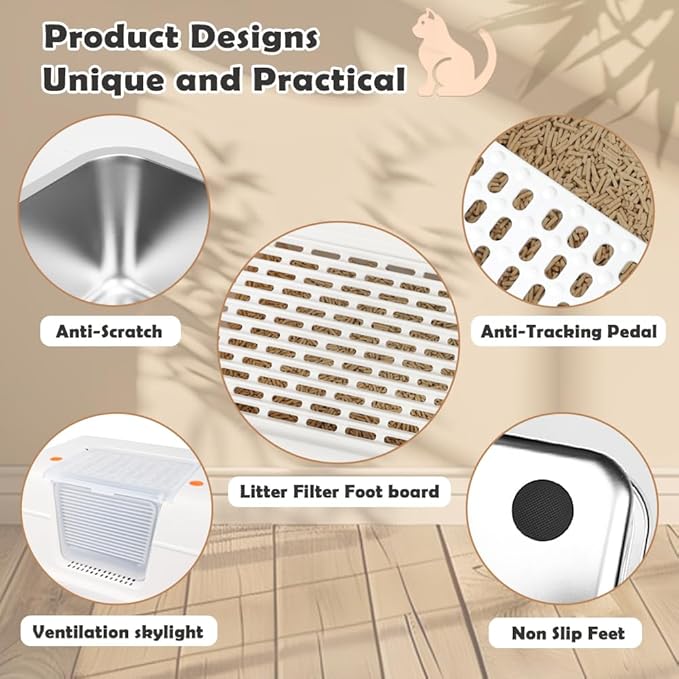Vivifying Stainless Steel Litter Box with Lid, XL Side Entry Extra Large Litter Box for Big Cats & Kitty, Removable Enclosed Metal Cat Pan with High Sided Enclosure, Scoop, Mat, Footboard (Beige)