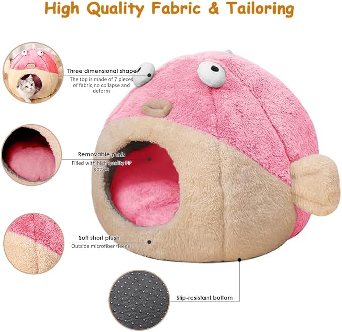 Cat Beds for Indoor Cats - Cat Bed Cave with Removable Washable Cushioned Pillow, Soft Plush Premium Cotton No Deformation Pet Bed, Lively Pufferfish cat House Design, Pink, Multiple Sizes
