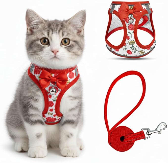 Cat Harness and Leash Escape Proof for Walking, Adjustable Soft Kitten Harness with Reflective Straps Step in Cat Vest Harness for Small Kitten and XS Dogs (Red, XXS-Chest(8.7"-10.2"))