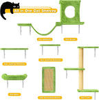 NUNU LAB Wall Mounted Cat Furniture Set - 6 Pcs Climber Set with House, Bridge, Steps, Scratcher Board - DIY Walls Playground, Indoor Cat Shelves - Green