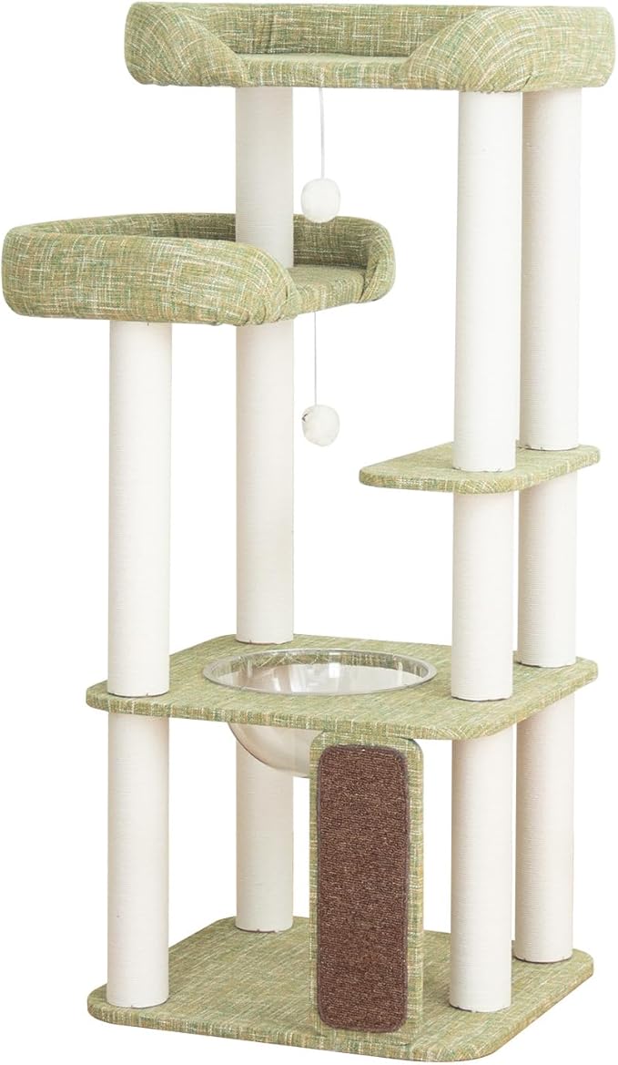 53'' Cat Tree for Large Cat, Modern Senior Friendly Cat Tower with Wide Shelves Low Step, Cotton Scratching Posts, Super Sturdy Base, Cozy Perches, and Interactive Toys (Green)