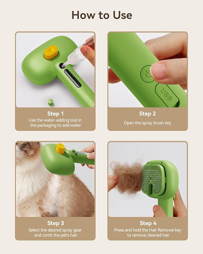 ROJECO 3-in-1 Pet Steam Brush for Cats&Dogs - Detangling Comb with Adjustable Mist, Handheld Deshedding Grooming Tool for Long/Short Hair, Massage Brush & Shedding Control Gift,Cordless (Green)