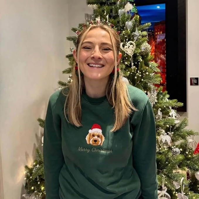 COUPLEHOODIES Custom Pet Christmas Sweatshirt – Embroidered Cat or Dog Portrait Unique Pet for Dog Moms or Family