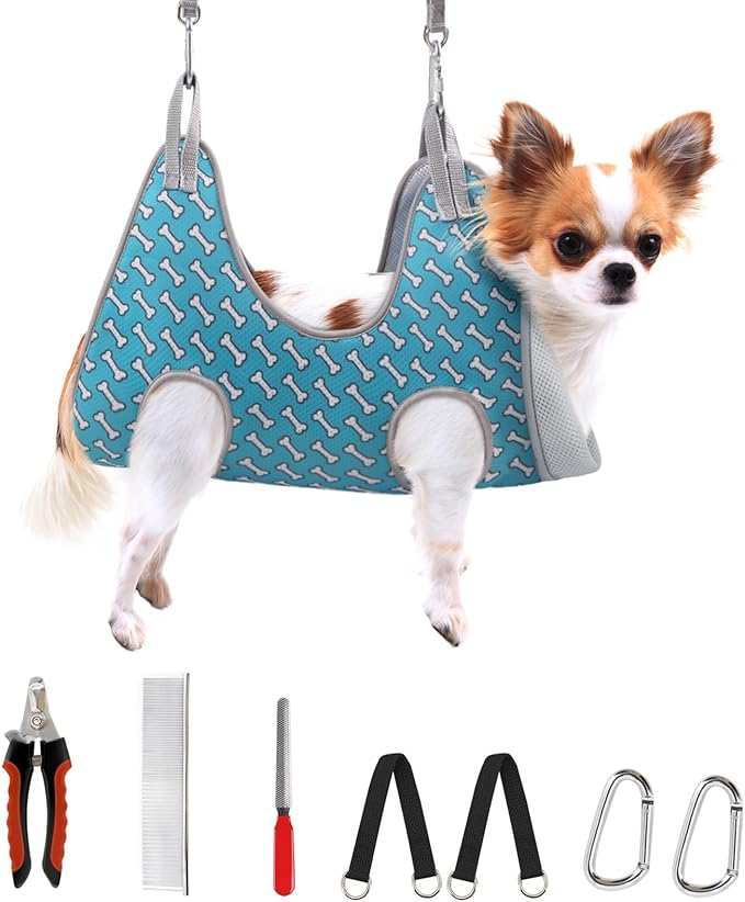 Supet Dog Grooming Hammock Harness for Dogs Cats, Relaxation Pet Nail Clipper Hammock, Restraint Dog & Small Animal Leashes Sling for Groomingk for Nail Trimming (Coral Blue, 2XS)