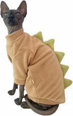 Dinosaur Sphynx Cat Clothes, Soft Polar Fleece Sweater for Cat, Elastic Pet Clothes Thick Winter Warm Outfit for Hairless Cat, Devon, Cornish, Small Dogs Apparel with Sleeves (Khaki, X-Large)