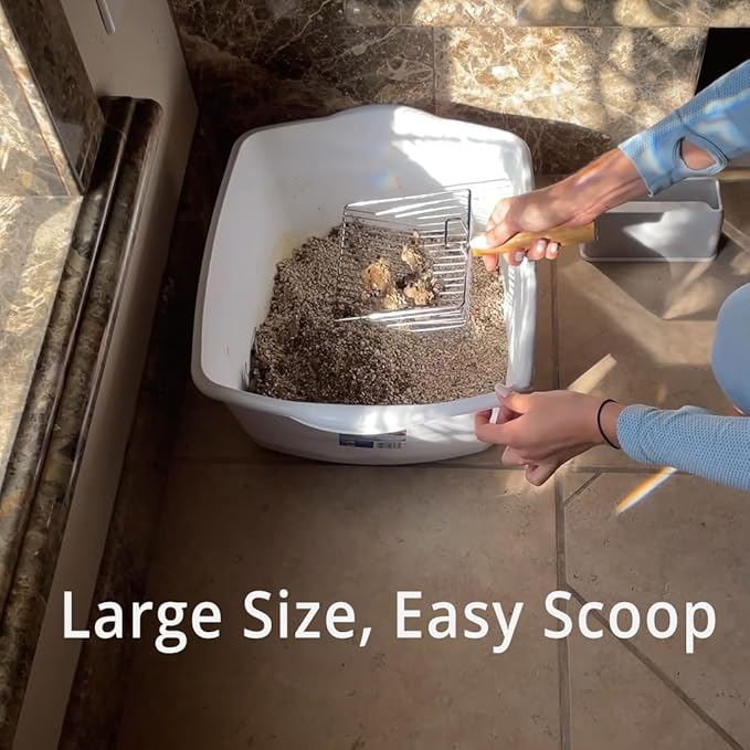 UFECODO Fast Sifting Cat Litter Scoop with Holder Stand, Stainless Steel Poop Scooper with Ergonomic Wood Handle, Heavy Duty and Easy Clean