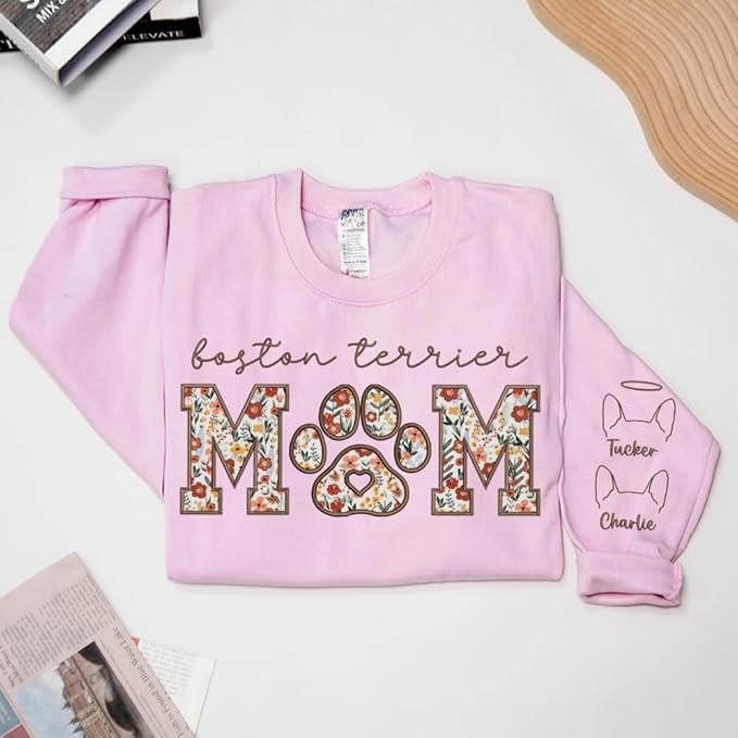 CHILLEVER Personalized Embroidered Dog Mom Sweatshirt, Dog Mama Crewneck, Gift for Mom, Pet Name On The Sleeve