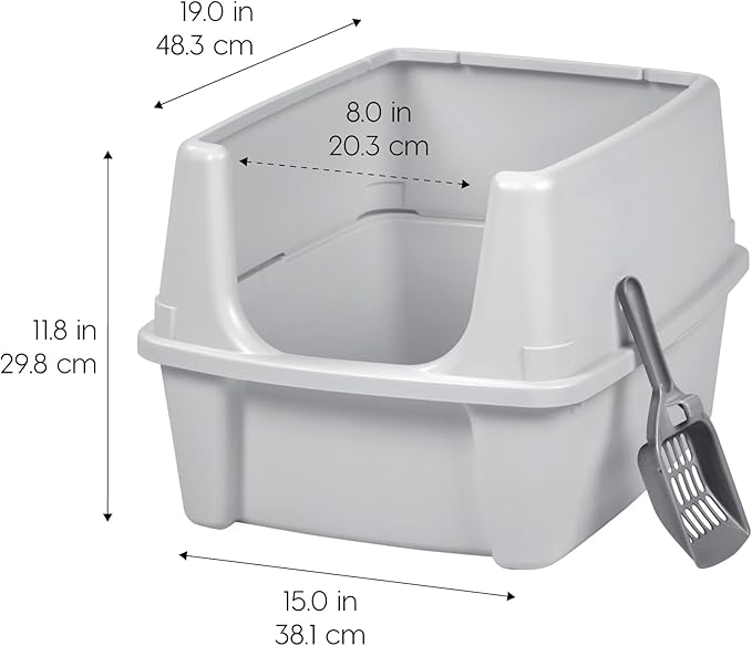 IRIS USA Large Cat Litter Box with Scatter Shield and Scoop, Open Top High Sided Cat Litter Pan, Silver