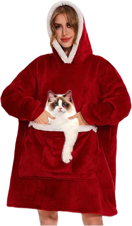 Wearable Blanket Hoodie with Giant Pocket, Soft Warm Sherpa Fleece Oversized Blanket Sweatshirt Gifts for Women Men