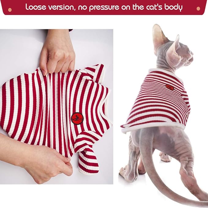 DENTRUN Hairless Cats Shirt Breathable Cat Daily Wear Clothes Stripe Vest Adorable Pajamas Jumpsuit Soft & Skin-Friendly