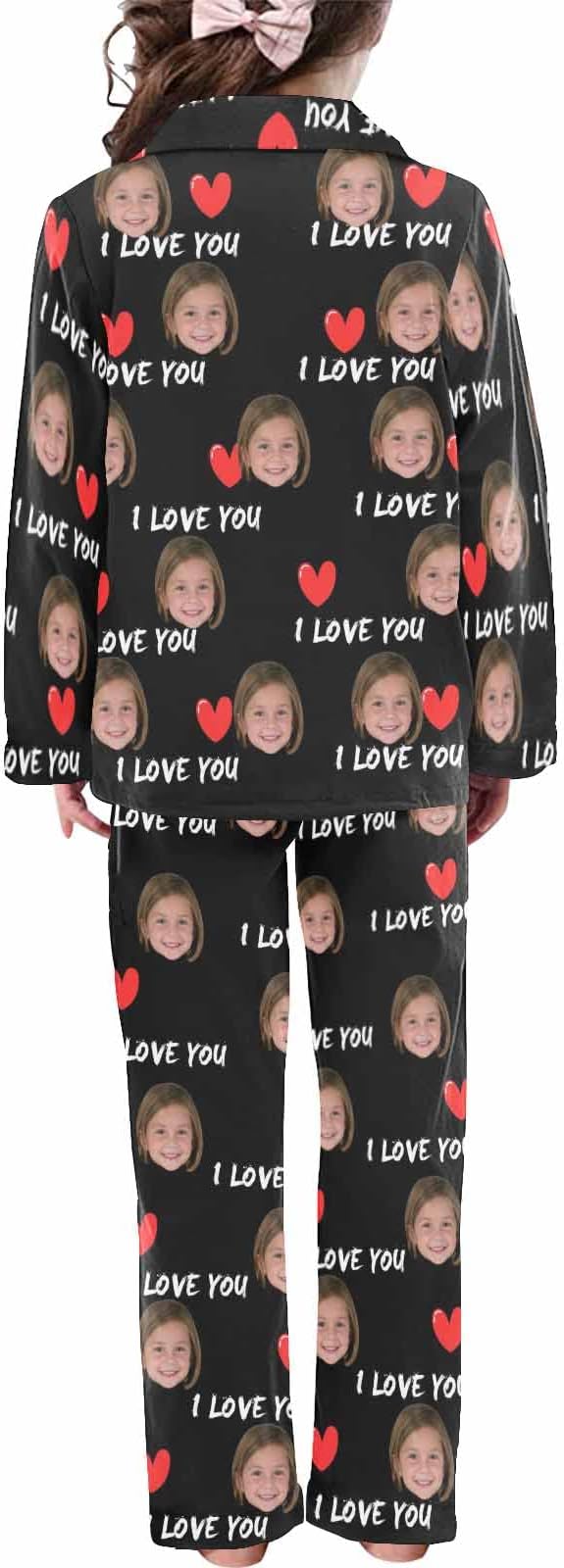 Artsadd Girls Pajamas Set Custom Face Pet Photo Long Sleeve Sleepwear Personalized Printed V-Neck Button-up Pants Nightwear