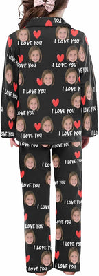 Artsadd Girls Pajamas Set Custom Face Pet Photo Long Sleeve Sleepwear Personalized Printed V-Neck Button-up Pants Nightwear