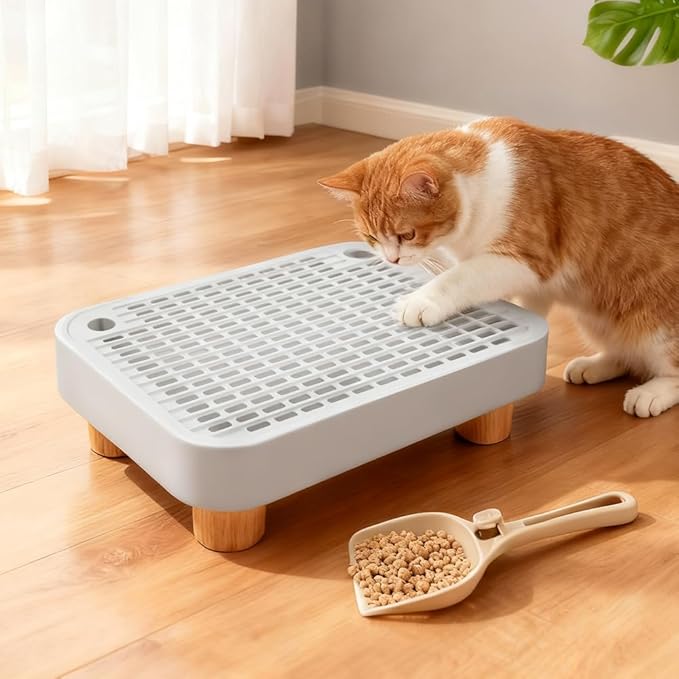 Litter Box Step with Litter Shovel, Box Ramp/Catcher with Wooden Base, Easy Cleaning with Filter Function Ideal for Cats Pedal Stool Kitten & Elderly Cats (Color:Grey)
