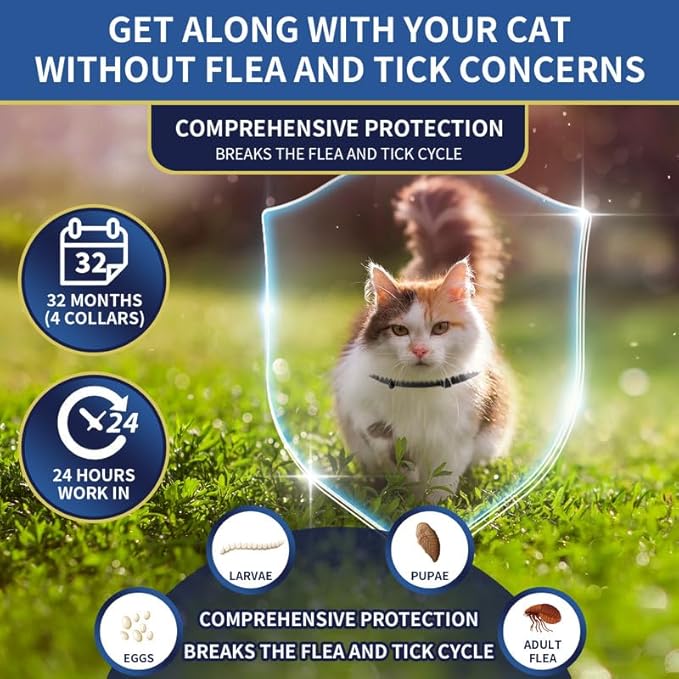 4 Pack Flea Collar for Cats, 32 Months Flea and Tick Prevention for Cat, Waterproof Natural Cat Fleas and Ticks Treatment, Adjustable Fleas and Ticks Collar for Cats Kittens(Black & Purple)