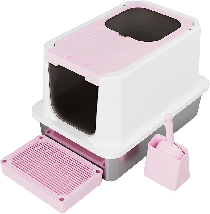 RIZZARI Enclosed Cat Litter Box: Large Top & Front Entry - High-Sided Anti-Scatter Design - Stainless Steel Odor Control - Easy Clean Teflon Non-Stick Coating- Pink Litter Pan - Entryway/Closet Nook