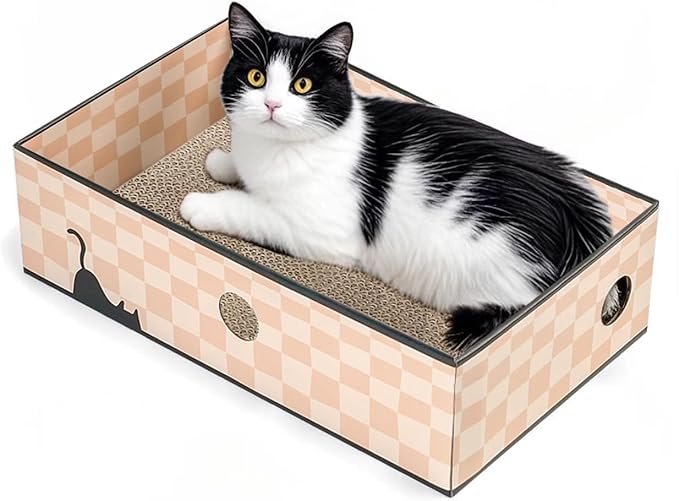 Cat Scratcher Box with 3-Layer Corrugated Board, Heavy-Duty Double-Sided Cardboard Cat Bed, Interactive Hole Design, Checkered, Large