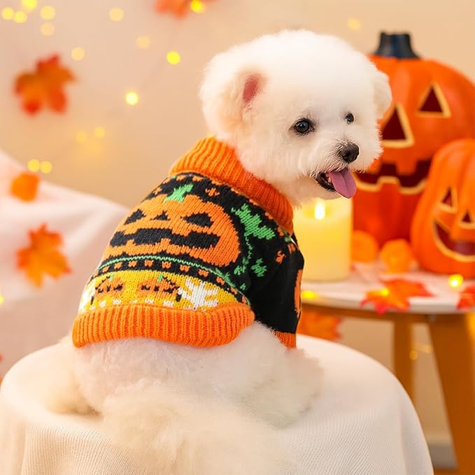 ANIAC Halloween Small Dog Sweater Pumpkin Cat Turtleneck Knitwear Warm Pet Halloween Costume Pumpkin cat Outfit Holiday Puppy Dog Clothes for Girl Boys (Black+Orange, X-Large)