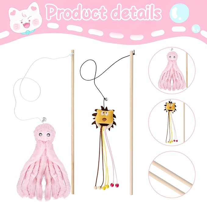 2-Pack Cat Toy Wand Set: Interactive Cat Teaser Wands with Bells and Streamers to Engage Your Cat’s Natural Instincts (Lion and Mouse)