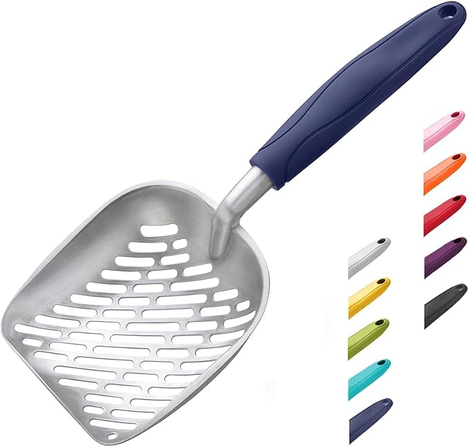 WePet Cat Litter Scoop, Aluminum Alloy Sifter, Kitty Metal Scooper, Deep Shovel with Diagonal Sifting Hole, Long Handle, Kitten Poop Lifter for Litter Box, Medium Size, Blue Handle